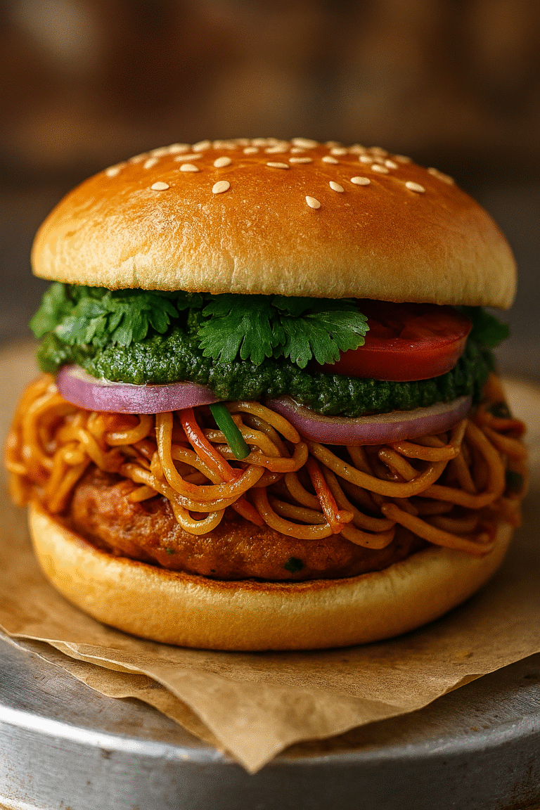 Mega Noodle Burger stacked tall on a sesame bun